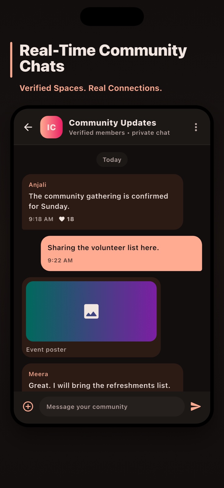 BondOn real-time private Hindu community chat screen