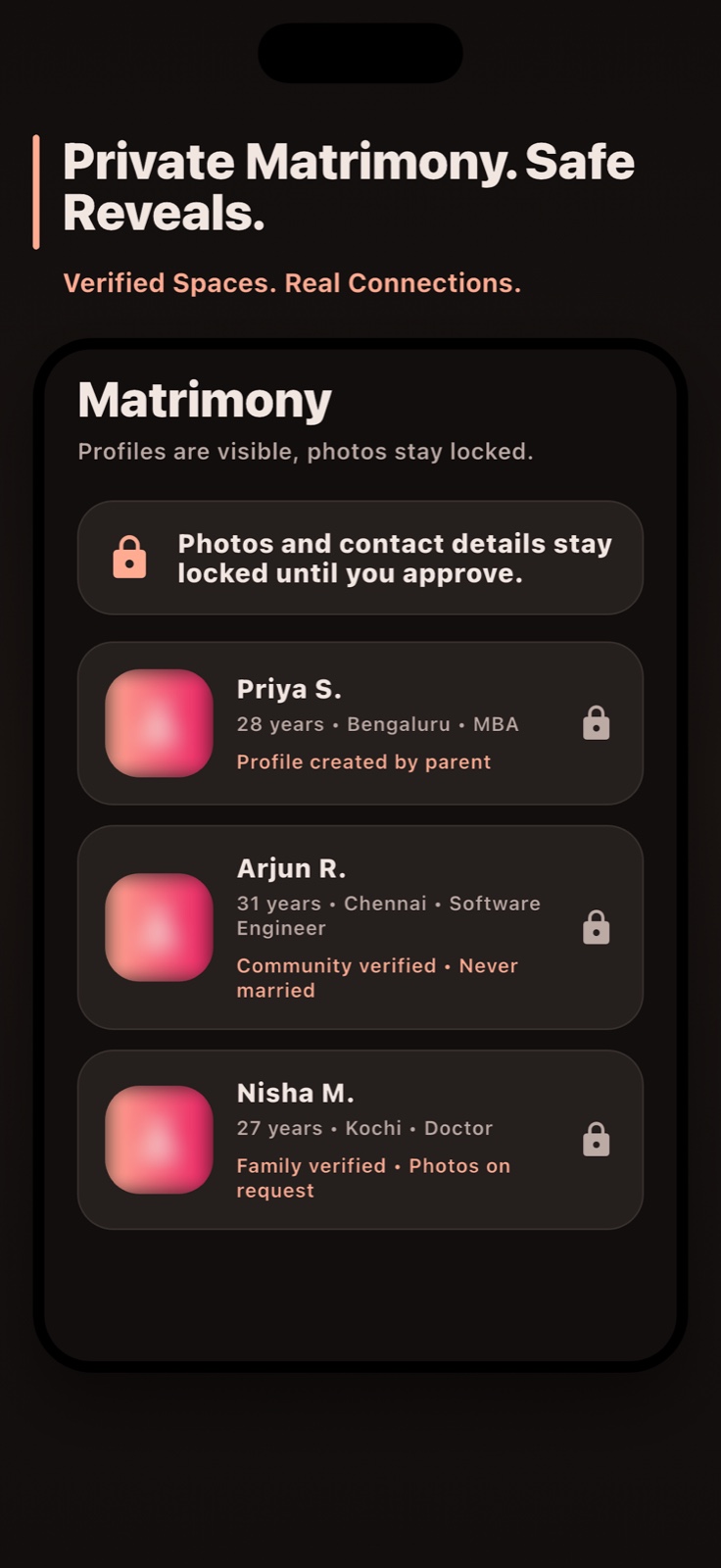 BondOn private Hindu matrimony and Safe Reveal screen